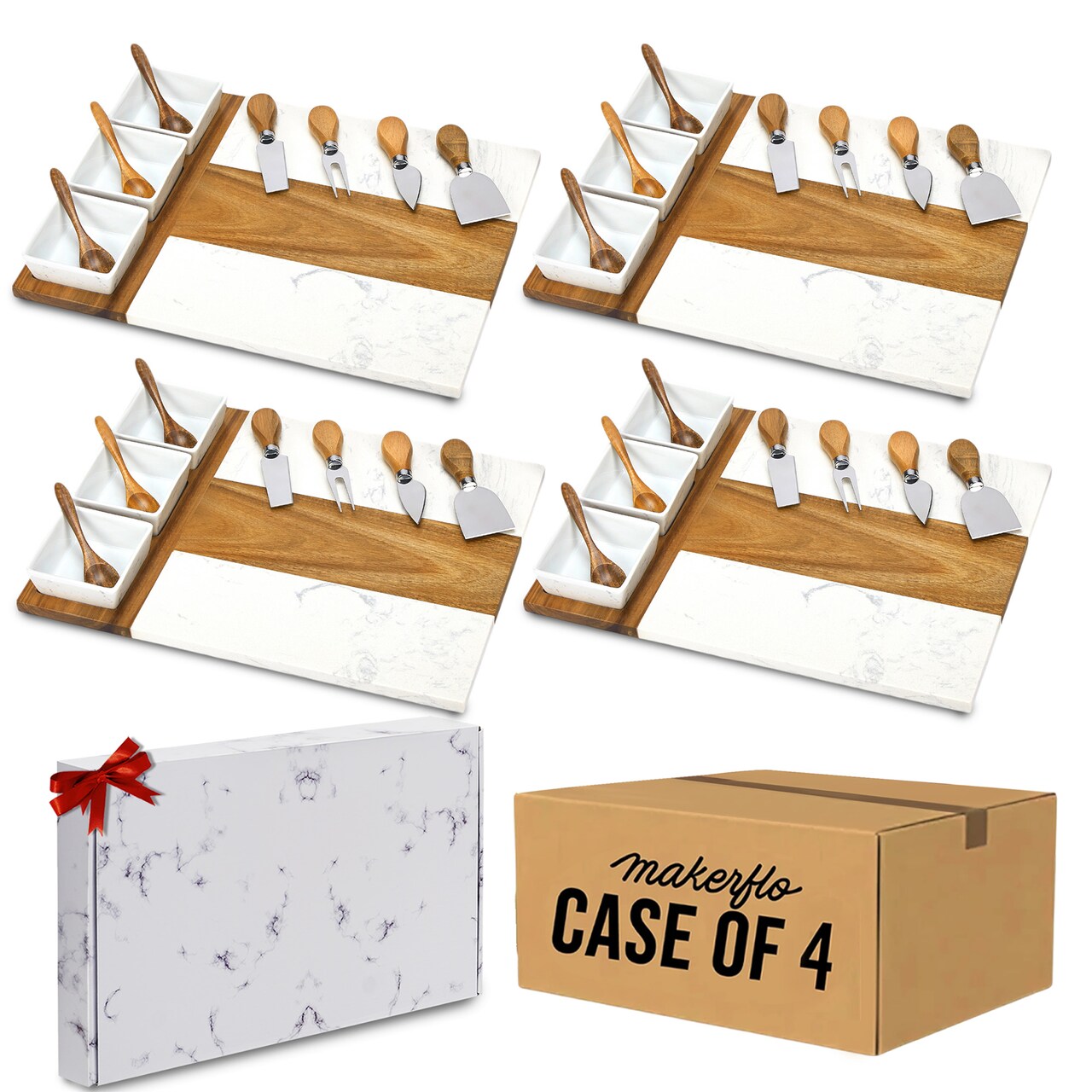 Makerflo Charcuterie Cheese Board Set 16.25" x 12" Acacia Wood Marble Design 3 Bowls, 3 Spoons, 4 Utensils for Craft & DIY Personalization - Laser Engraving, Epoxy, UV DTF, Vinyl Individually Wrapped